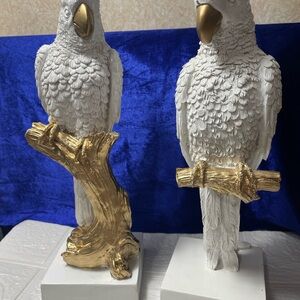 Vintage 12” White & Gold Parrot Statues | Hollywood Regency Decor Pair